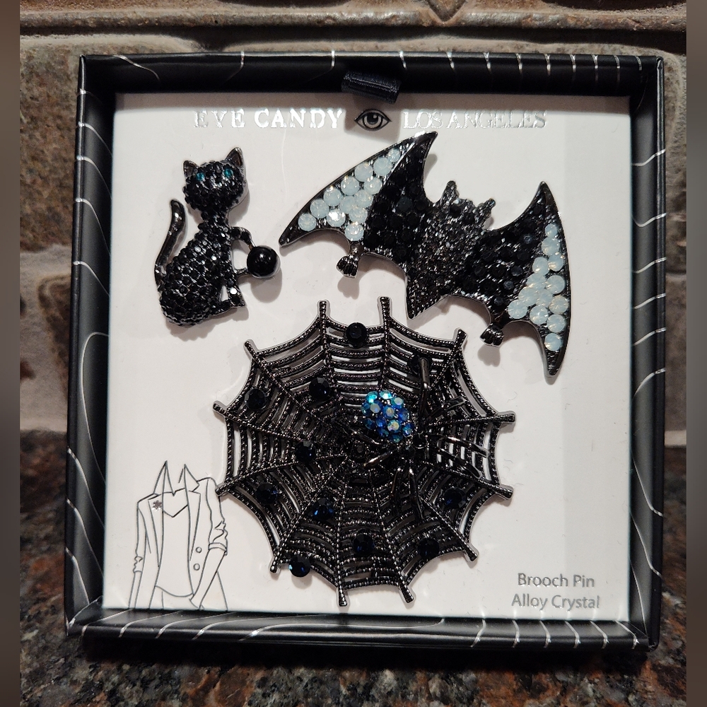 Eye Candy Los Angeles Gothic Black Spider Web, Bat, Cat Brooch Set